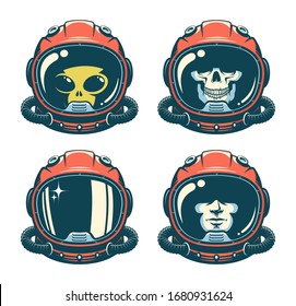 Astronaut helmet with skull - retro style. Spaceman face in space suit - vintage design. Alien cosmonaut. Vector illustration.