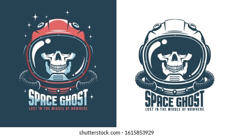 Astronaut helmet with skull - vintage emblem. Spaceman skeleton in space suit - retro logo. Vector illustration.