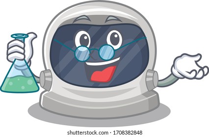 Astronaut helmet smart Professor Cartoon design style working with glass tube