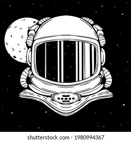 Astronaut helmet in the space with hand draw or sketch style