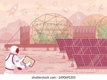 Astronaut in Helmet Space Suit near Solar Panel, Greenhouse Dome. Red Planet Landscape Cosmic Base Colony Vector Illustration. New Planet Colonization. Sience Fiction Fantasy Futuristic Technology