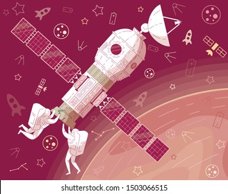 Astronaut In Helmet Space Suit Repair Spaceship In Outer Space Vector Illustration. Cosmonaut Spacesuit Fix Broken Satellite Solar Panel. Rocket Sience Spaceship Service Technology