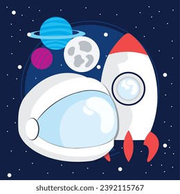 Astronaut helmet and spaceship on an universe view Vector illustration