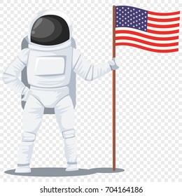 Astronaut in helmet and spacesuit with an American flag in his hand isolated on transparent background. Vector cartoon character illustration of a cosmonaut.