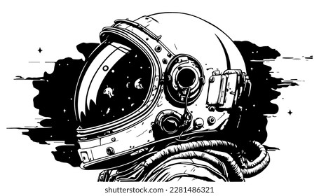 Astronaut helmet vector black line illustration isolated white. Sketch art