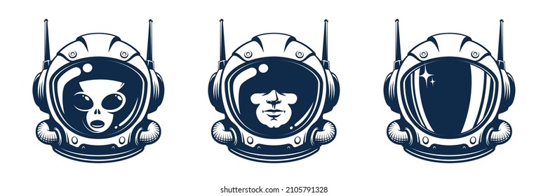 Astronaut helmet vector. Space retro astronaut head. Man in spacesuit mask. Alien in space helmet.