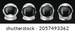 Astronaut helmets, realistic cosmonaut mask set with clear glass for space exploration and flight in cosmos. White suit part for protection spaceman head isolated. Vector illustration