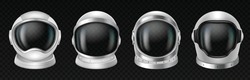 Astronaut Helmets, Realistic Cosmonaut Mask Set With Clear Glass For Space Exploration And Flight In Cosmos. White Suit Part For Protection Spaceman Head Isolated. Vector Illustration