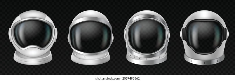 Cascos astronautas, mascarilla cosmonauta realista ambientada con vidrio transparente para exploración espacial y vuelo en cosmos. Parte de traje blanco para proteger la cabeza del hombre espacial aislado. Ilustración del vector