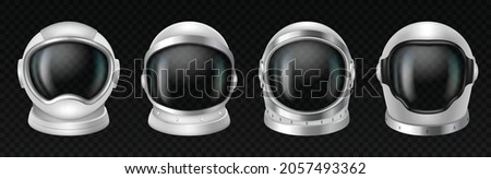 Astronaut helmets, realistic cosmonaut mask set with clear glass for space exploration and flight in cosmos. White suit part for protection spaceman head isolated. Vector illustration