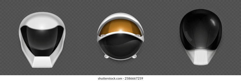 Astronaut helmets set isolated on transparent background. Vector realistic illustration of cosmonaut spacesuit headwear with protective glass mask, futuristic space travel gear, part of alien uniform