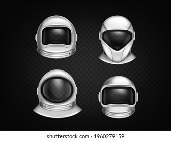 Astronaut helmets for space exploration and flight in cosmos. Cosmonaut mask with clear glass different shapes. Vector realistic set of white suit part for protection spaceman head