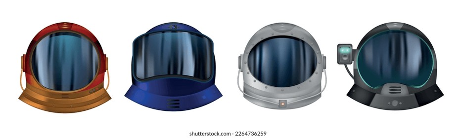 Astronaut helmets for space exploration and flight in cosmos realistic set of different colorful modifications with clear glass isolated vector illustration