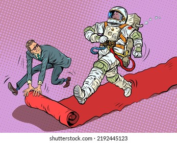 Astronaut Hero On The Red Carpet Carpet Of The Movie Premiere. The Winner Goes Ahead. Pop Art Retro Vector Illustration 50s 60s Style Kitsch Vintage