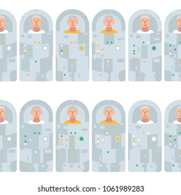 Astronaut in hibernation capsule seamless pattern. Stock vector illustration of a space ship passengers or a crew in a special sleep capsule for deep space travelling.