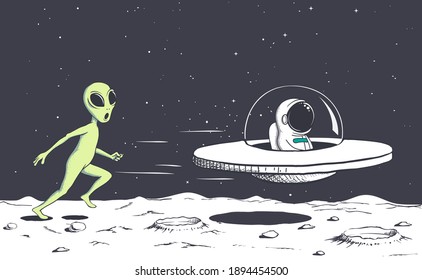 Astronaut hijacking a flying saucer.Vector illustration