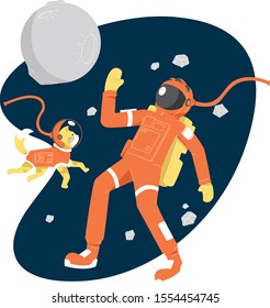 Astronaut and his cat wearing a spacesuit exploring space. Say Hi to a moon .doing a spacewalk. Human and Cat flat illustration cartoon