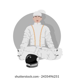 An astronaut with his eyes closed sits in the lotus position in yoga, highlighted on a round gray background. Meditation.