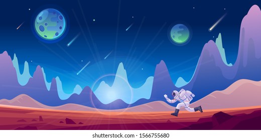 Astronaut and his mission. Space sky  and planet background. Planets surface with craters, stars and comets in dark space. Vector illustration.