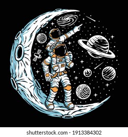 Astronaut and his son on the moon illustration