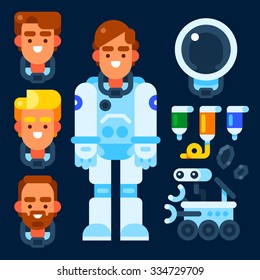 Astronaut and his stuff: helmet, food, rover. Vector flat illustration. Isolated objects.
