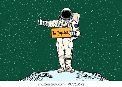 Astronaut hitch rides on Jupiter. Pop art retro vector illustration