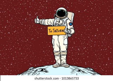 Astronaut hitch rides on Saturn. Pop art retro vector illustration