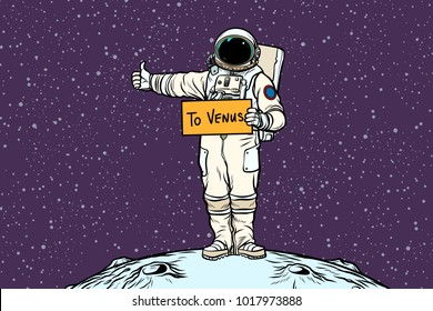 Astronaut hitch rides on Venus. Pop art retro vector illustration