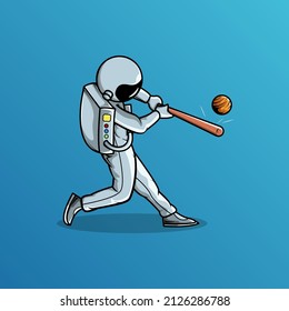 Astronaut hitting planet ball with baseball bat vector illustration