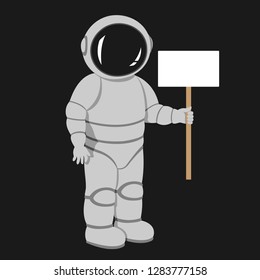 Astronaut hold banner with copy space in his hand. Vector illustration.