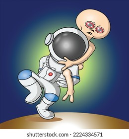 an astronaut holding an alien