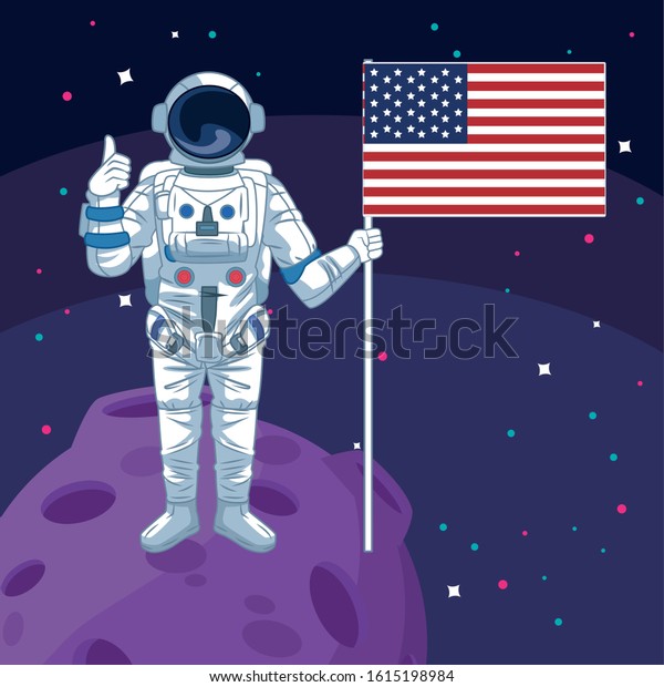 astronaut holding american flag in moon\
space exploration vector\
illustration