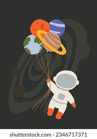 astronaut holding balloons in the form of planets