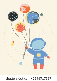 astronaut holding balloons in the form of planets