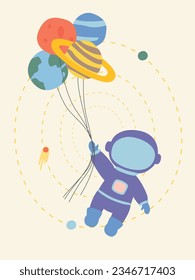 astronaut holding balloons in the form of planets