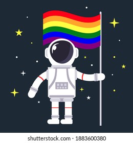 Astronaut holding a big gay flag in hand on dark background with stars. LGBT and homosexuality concept template. Copy space for design. Flat style design vector