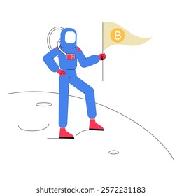 Astronaut Holding Bitcoin Flag On Moon In Flat Vector Illustration Symbolizing Cryptocurrency, Space Exploration, And Innovation, Isolated On White Background