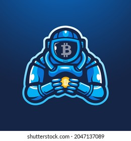 Astronaut holding bitcoin mascot logo design illustration vector