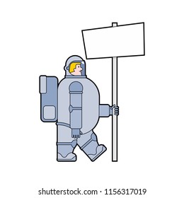 Astronaut and holding blank banner. Cosmonaut and white sheet. spaceman Vector illustration
