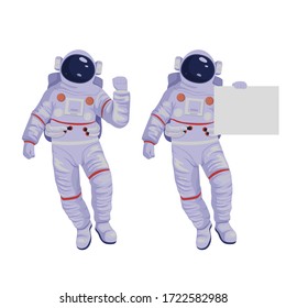 Astronaut is holding blank poster. Space advertisement, figures of vector astronaut in spacesuit, helmet with and without an empty banner.