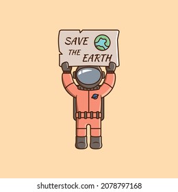 Astronaut holding board sign campaign cartoon vector illustration