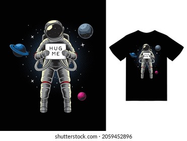 Astronaut holding board in space illustration with tshirt design premium vector the Concept of Isolated Technology. Flat Cartoon Style Suitable for Landing Web Pages, Banners, Flyers, Stickers, Cards