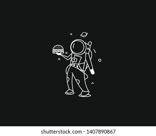 Astronaut Holding Burger - Flat Line Art Design Illustration.