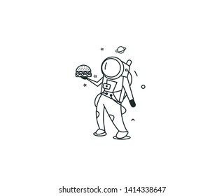 Astronaut Holding Burger - Flat Line Art Design Illustration.