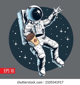 Astronaut holding a coffee cup in outer space. Coffee to go or space cafe concept. Vector illustration.