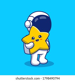 Astronaut Holding Cute Star Cartoon Vector Icon Illustration. Space Technology Icon Concept Isolated Premium Vector. Flat Cartoon Style