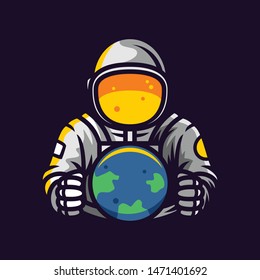 Astronaut holding earth mascot logo vector illustration