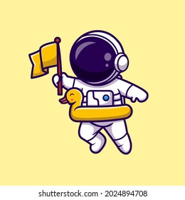 Astronaut Holding Flag With Duck Balloon Cartoon Vector Icon Illustration. Science Holiday Icon Concept Isolated Premium Vector. Flat Cartoon Style