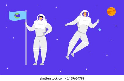 Astronaut Holding Flag with Earth Image on Starry Dark Blue Sky Background with Orange Planet. Outer Space Exploration, Cosmic Adventure, Space Mission and Traveling. Cartoon Flat Vector Illustration