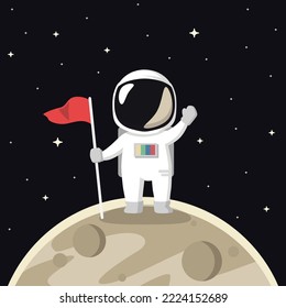 Astronaut Holding Flag On Moon Premium Cartoon Vector Illustration. Space Science Concept Isolated. Cartoon Style